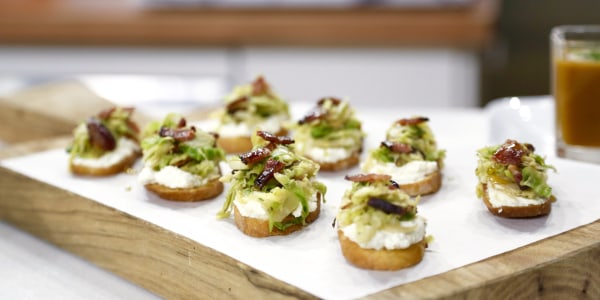 Crostini with Ricotta, Brussels Sprouts and Maple Bacon