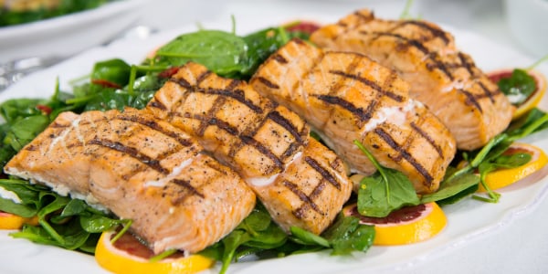 Grilled Salmon with White Bean and Spinach Salad