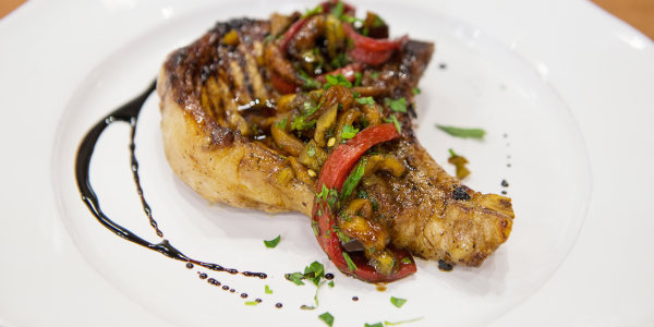 Bobby Flay's Grilled Balsamic Pork Chops with Peppers