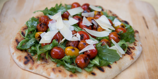 Grilled Flatbread with Arugula Salad and Blistered Tomatoes