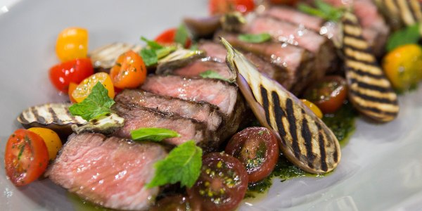 Grilled New York Strip Steak with Eggplant and Salsa Verde