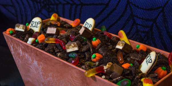 Spooky Graveyard Chocolate Chex Mix Puppy Chow