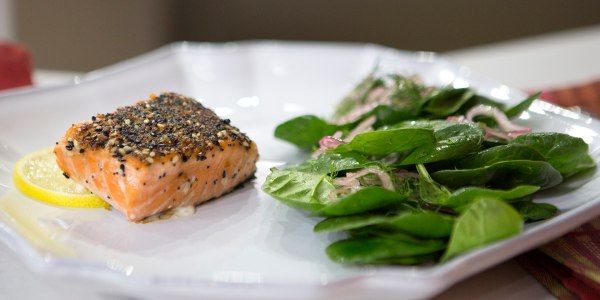 'Everything' Salmon with Sherry Spinach Salad