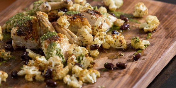 Spatchcock Chicken with Roasted Cauliflower and Salsa Verde