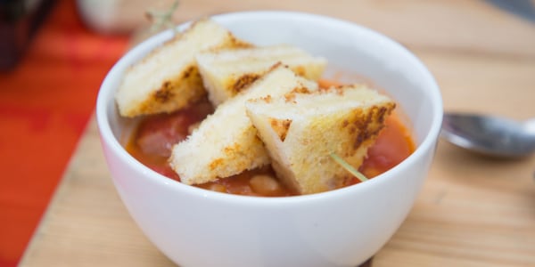 Tomato Soup with Mini Grilled Cheese Croutons