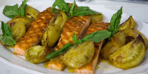 Grilled Salmon with Roasted Green Tomatoes