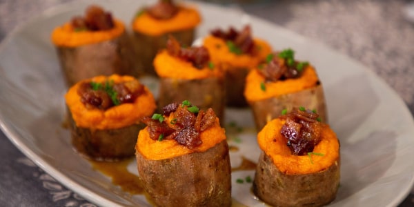 Twice-Baked Sweet Potatoes with Candied Bacon