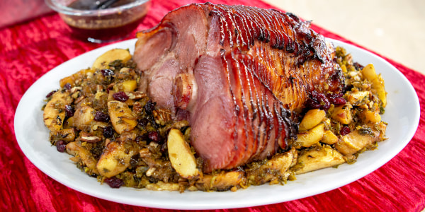 Sunny Anderson's 1-Pan Glazed Ham with Apples and Brussels Sprouts