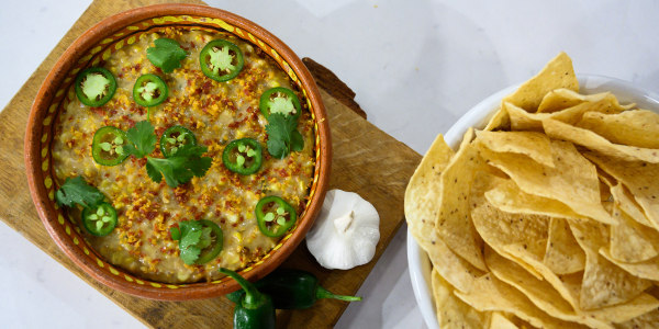 Sweet Corn Queso with Pepperoni 'Crumbs'