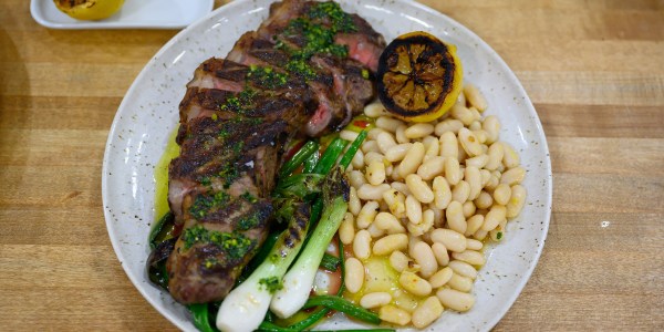 Grilled Strip Steak with Cannellini Beans and Pesto