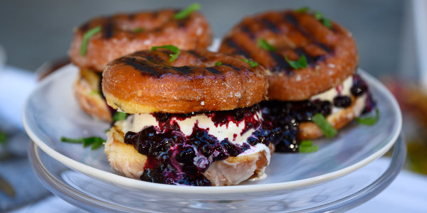 Grilled Doughnut Ice Cream Sandwiches with Huckleberry Sauce