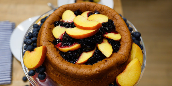 Anne Burrell's Olive Oil Cake with Blueberry Sauce and Peaches