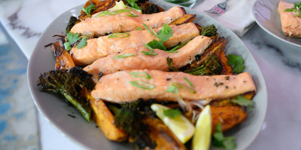 Roasted Salmon with Sweet Potatoes and Broccolini