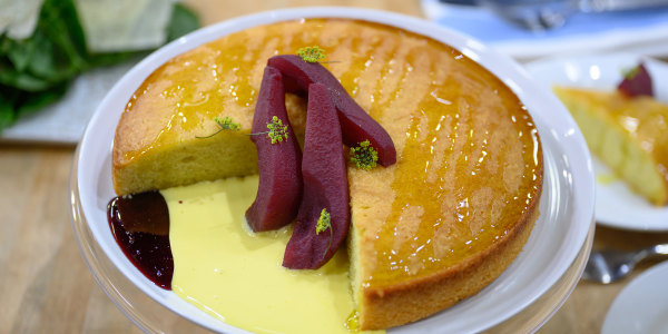 Olive Oil Cake with Lambrusco-Poached Pears