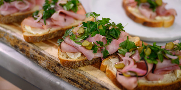 Buttered Ham Tartines with Cornichon and Herbs