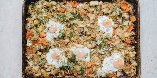 Sheet Pan Kimchi Fried Rice with Baked Eggs
