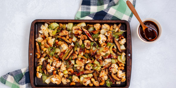 Sheet-Pan Korean BBQ Cauliflower with Shiitakes, Bok Choy and Cashews