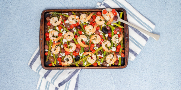 Sheet-Pan Greek Shrimp with Asparagus, Tomatoes and Olives