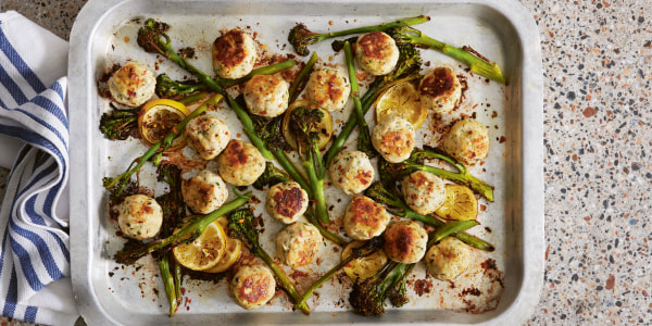 Baked chicken and ricotta meatballs with broccolini