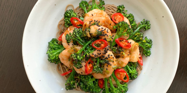 Ginger soy sauce shrimp broccolini and soba