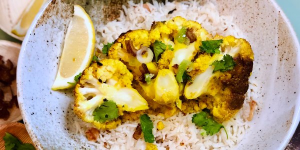 Whole Roasted Cauliflower with Turmeric and Dates