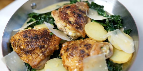 Dijon Chicken with Tuscan Kale, Yukon Potatoes and Parmesan