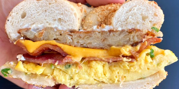 Bacon, Egg, Cheese and Latke Bagel Sandwiches