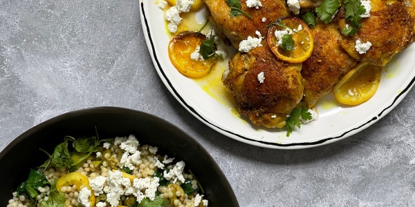 Couscous and spinach salad and lemon chicken thighs