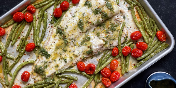 Sheet-Pan Fish with Tomatoes and Green Beans