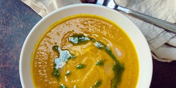 Carrot and Ginger Soup with Carrot-Top Pesto