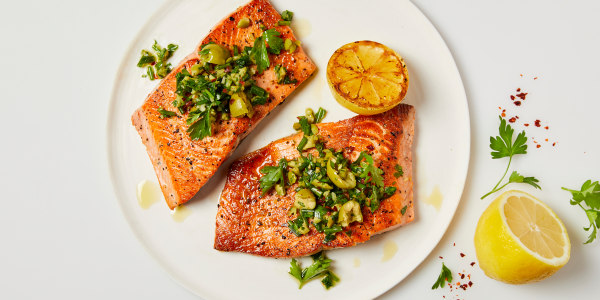 Seared Salmon with Green Olive Salsa Verde