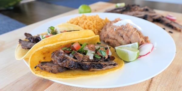 Skirt Steak Tacos with Refried Beans and Mexican Rice