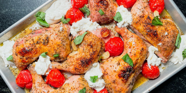 Grilled Caprese Chicken with Blistered Tomato, Burrata and Torn Basil