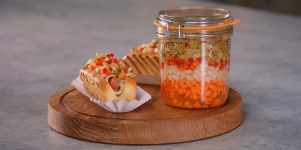 Provolone-Wrapped Hot Dogs with Giardiniera Relish