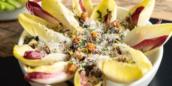 Endive Caesar Salad with Potato Croutons and Parmesan