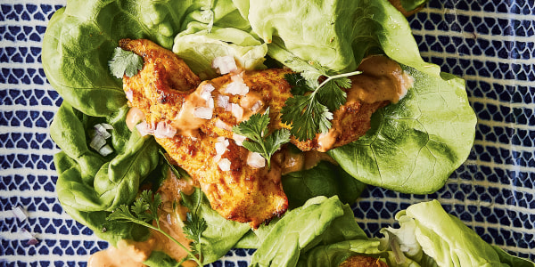 Air-Fryer Chicken Satay Lettuce Wraps with Peanut Sauce