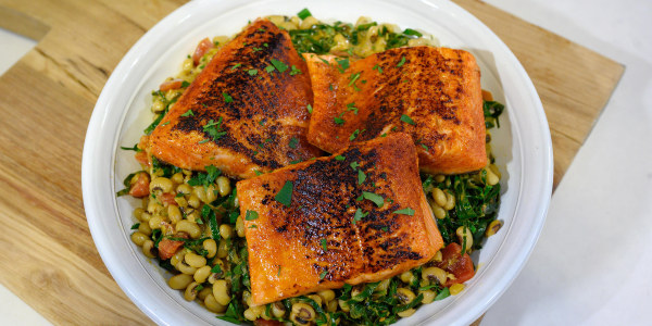 Blackened Salmon with Peas and Greens