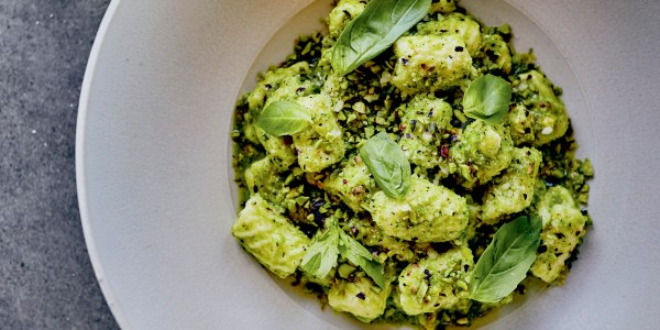 Ricotta Gnocchi with Broccoli Pesto, Basil and Pistachios