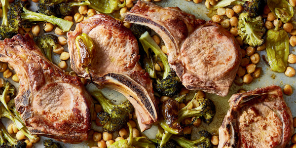 Spicy Pork Chops on Baking Sheet and Broccoli