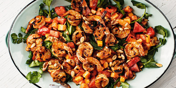 Grilled Coconut Shrimp with Midsummer Tomato-Melon Salad