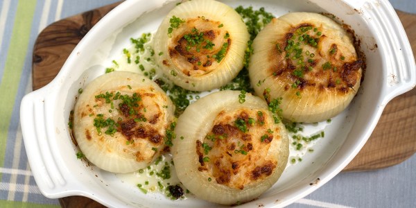 Potato Gratin-Stuffed Sweet Vidalia Onion with Chives