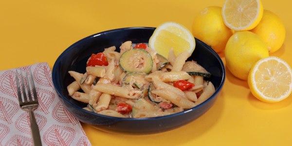 Lemon-Tahini Pasta with Zucchini and Tomatoes