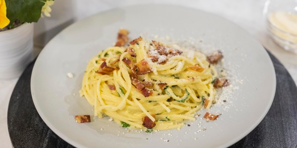 Spaghetti Carbonara with Greens and Herbs