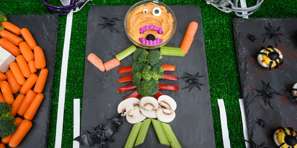 Creepy Crudités Platter with Roasted Red Pepper Hummus