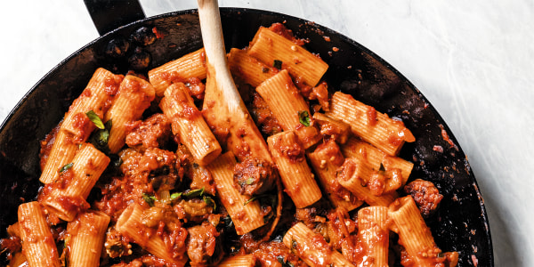 Creamy Rigatoni with Spicy Sausage and Eggplant