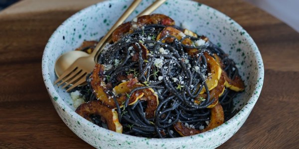 Squid Ink Linguine with Squash and Pancetta