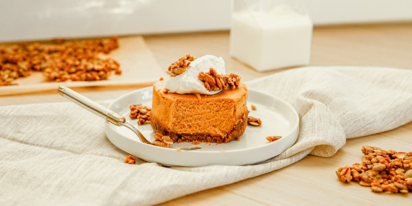 Mini-Pumpkin Ginger Cheesecakes with Pecan Brittle and Maple Cream