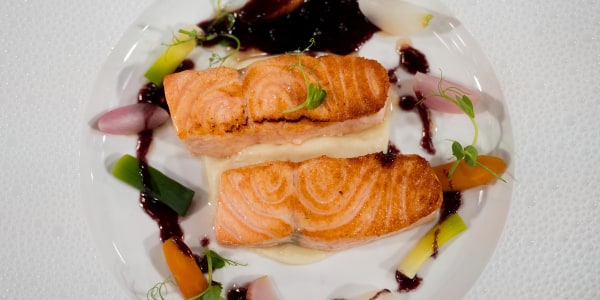 Sautéed Salmon, Mulled Wine Beurre Rouge and Baby Vegetables