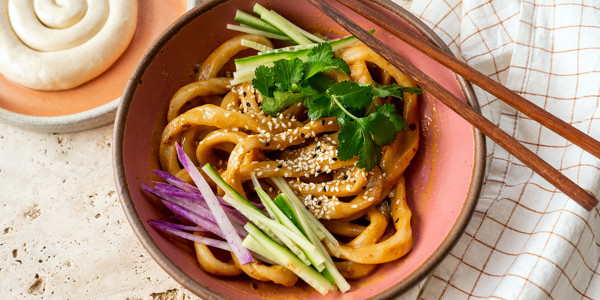 Hand-Pulled Longevity Noodles with Chili-Sesame Sauce