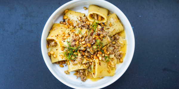 Paccheri with Italian Sausage, Fennel and Lemony Pine Nuts